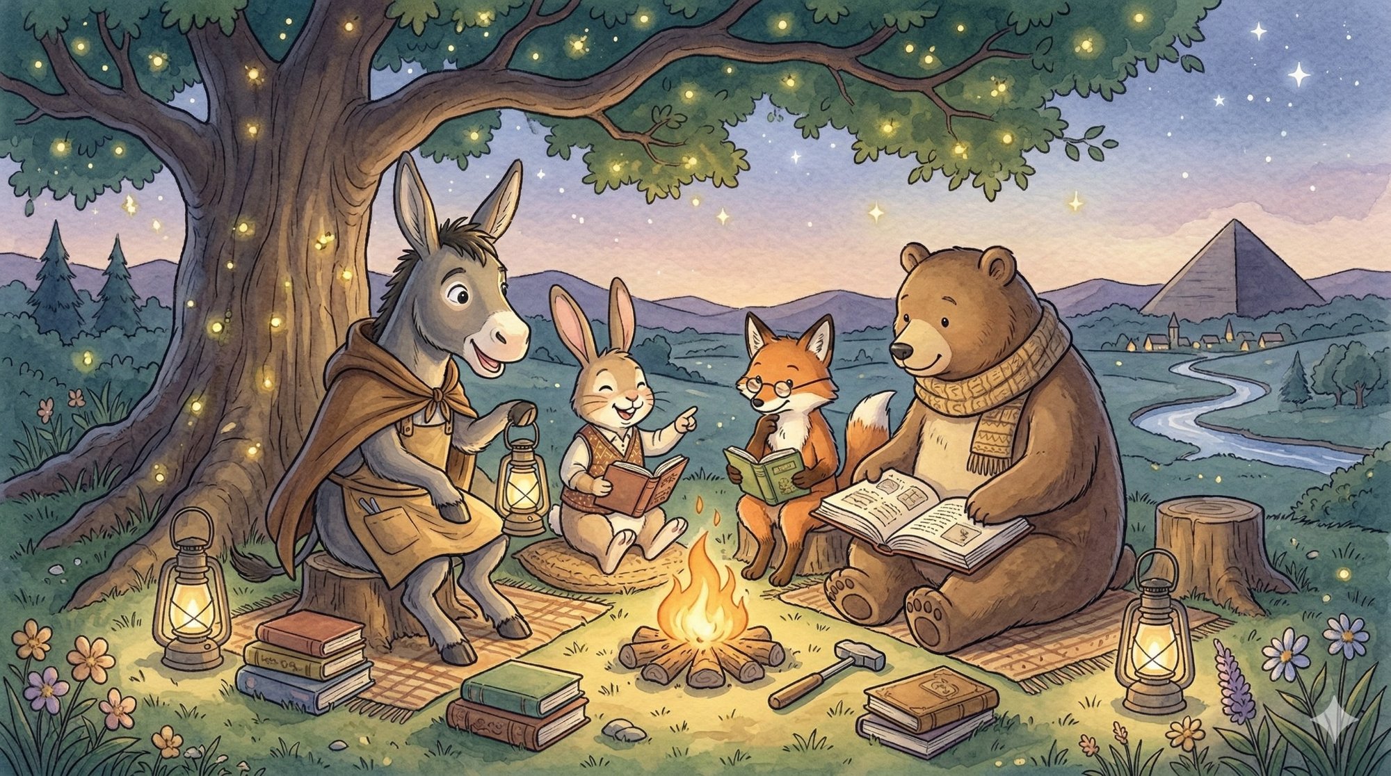 Burrinho e amigos aprendendo juntos ao redor de uma fogueira sob as estrelas