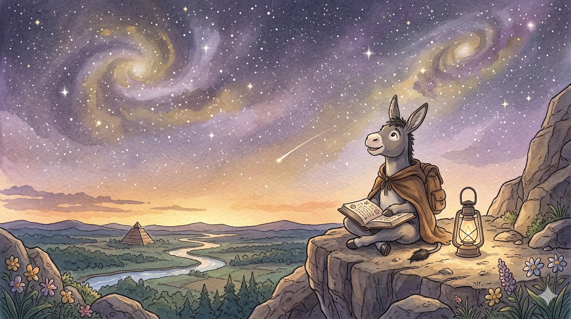 Burrinho contemplando o universo e a sabedoria filosófica