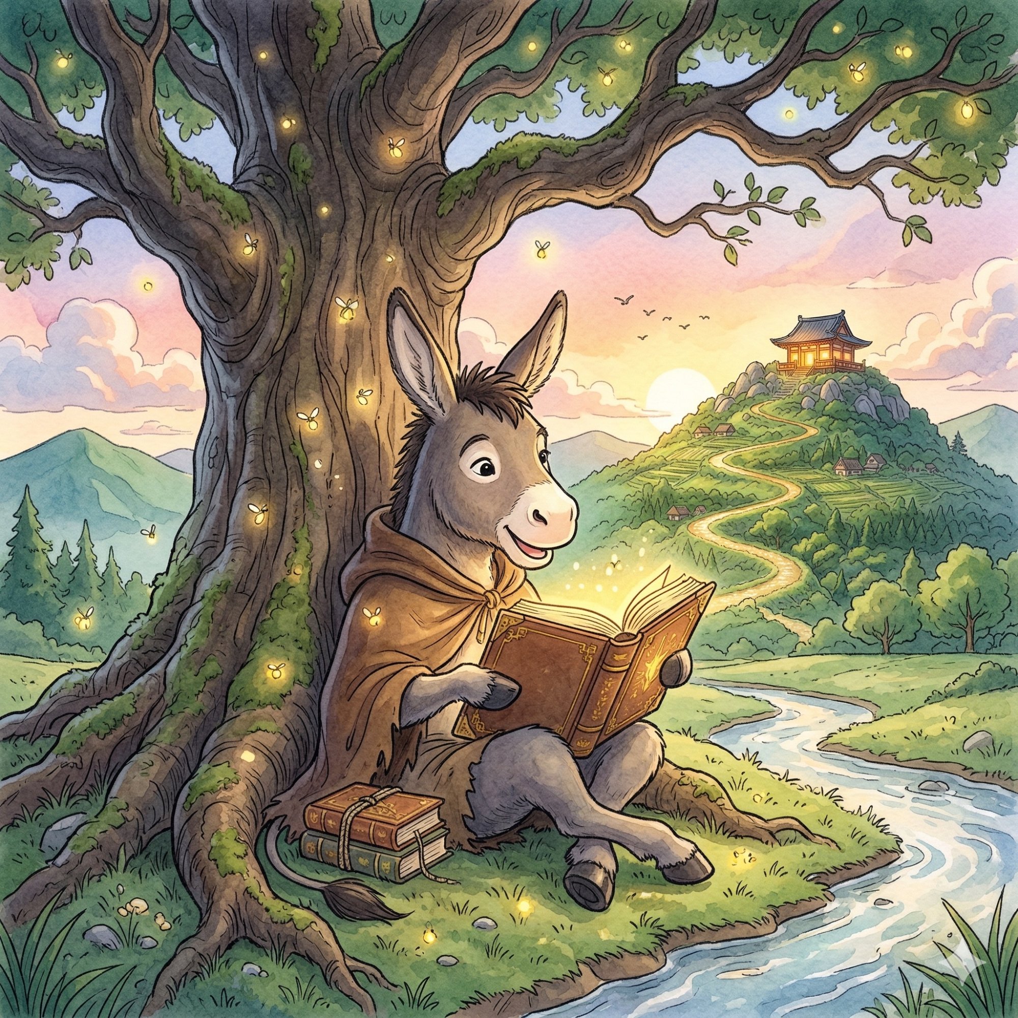 Burrinho sábio lendo sob uma árvore centenária com vagalumes