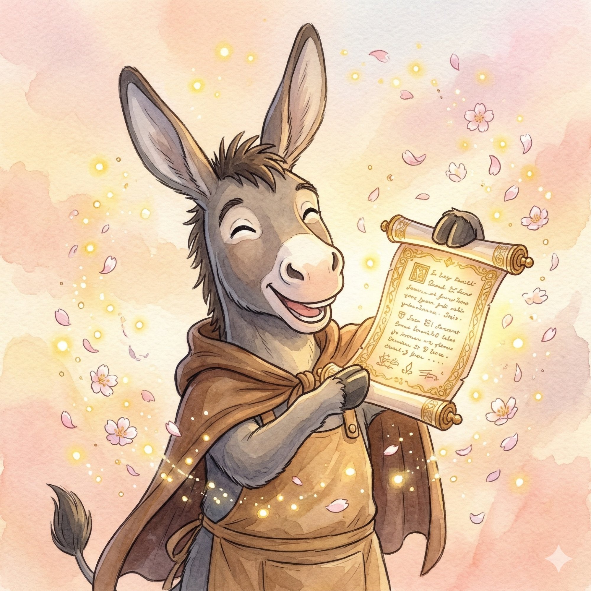 Burrinho feliz segurando um pergaminho com boas novas