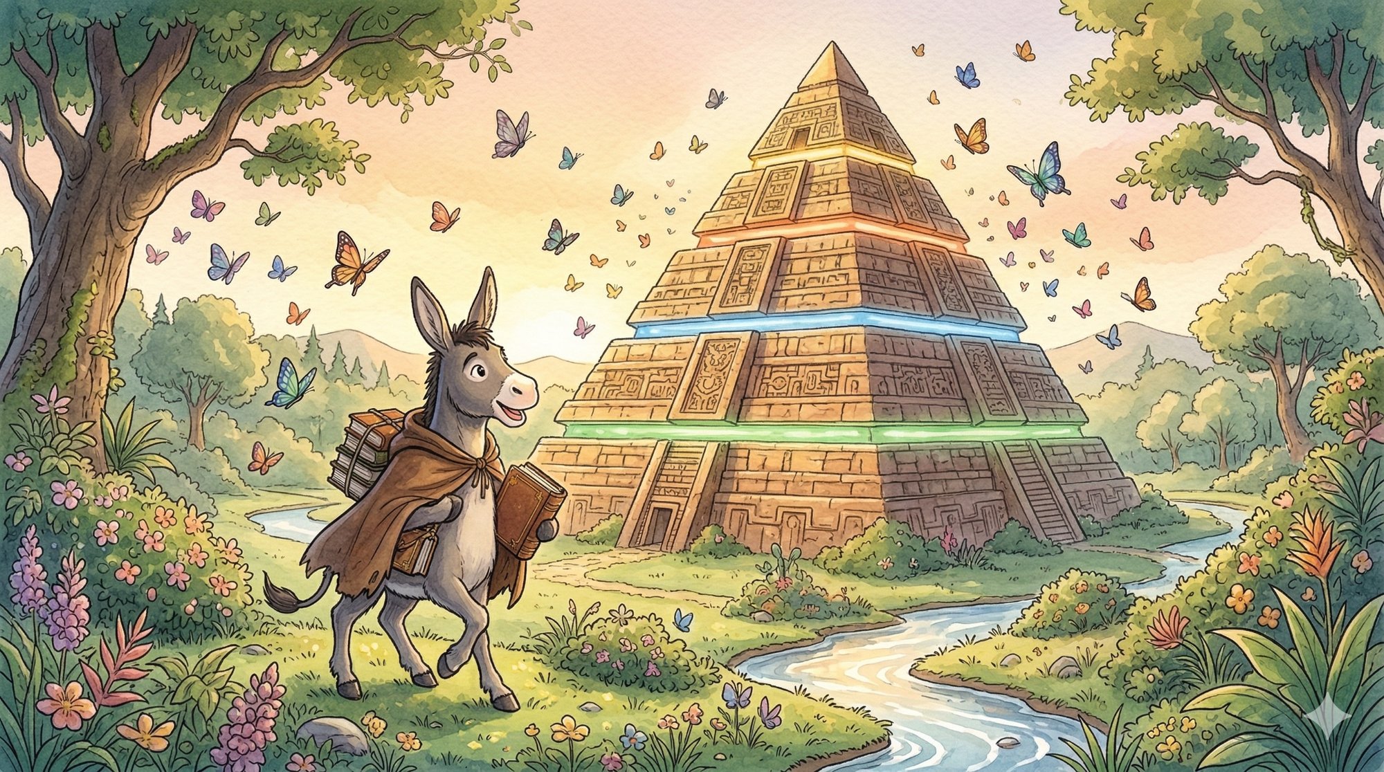 Burrinho esforçado em frente à pirâmide dos 15 pilares com borboletas