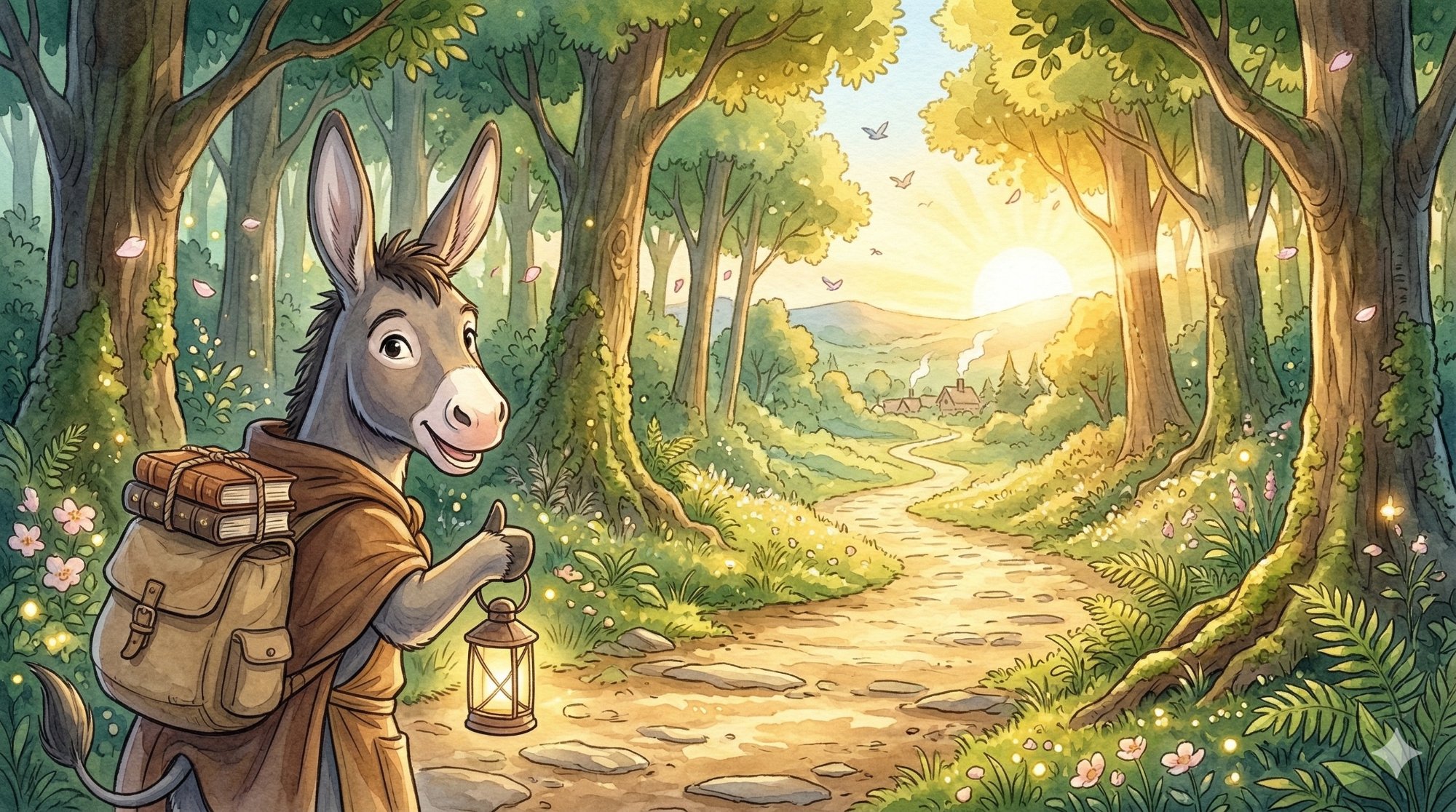 Burrinho convidando para a jornada num caminho florestal dourado