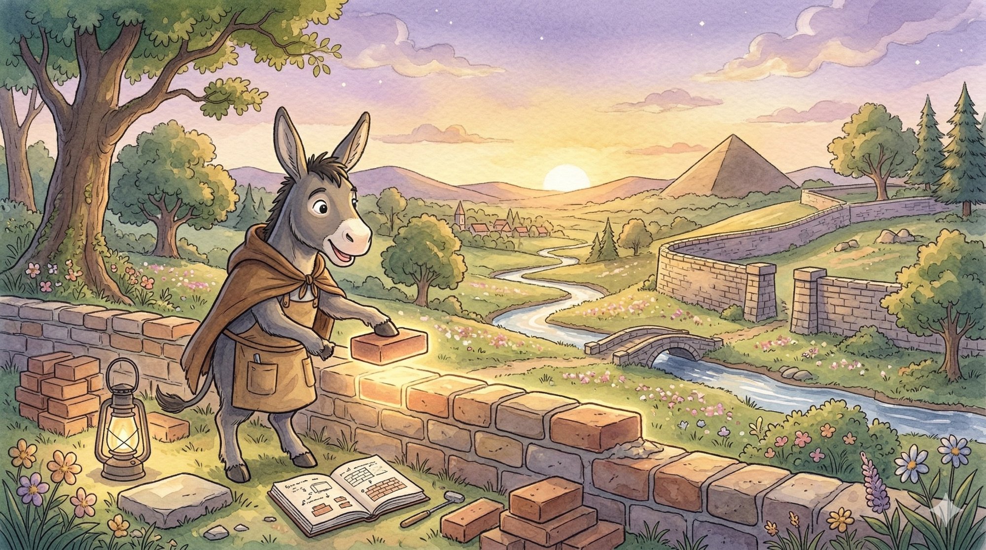 Burrinho colocando tijolos com alegria ao pôr do sol